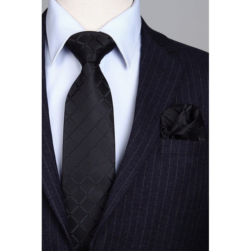 HISDERN Men's Checked Tie and Pocket Square Set - black