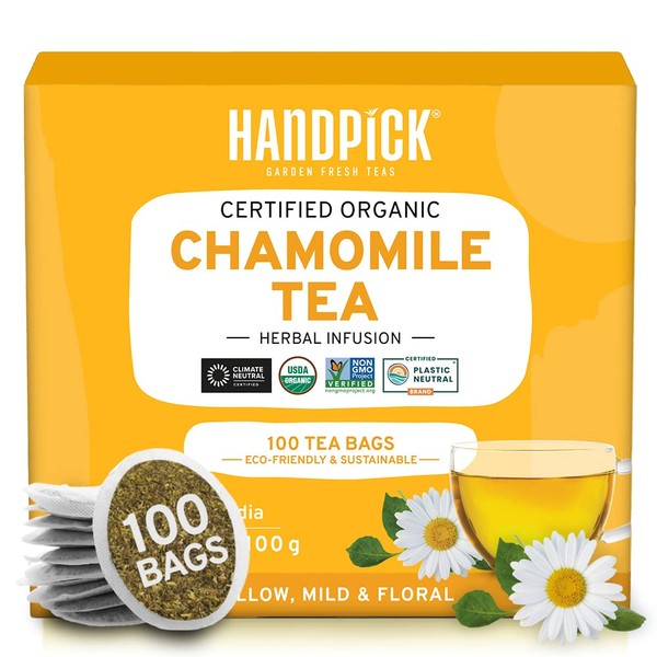 HANDPICK, Organic Chamomile Tea Bags (100 Count) Caffeine Free, USDA Organic, Gluten Free | Chamomile Herbal Tea in Eco-Conscious Tea Bags | Floral Tea