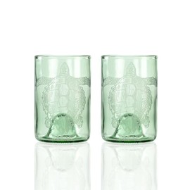 Rolf Glass Upcycled Tina Turtle Green Glass Tumbler | Recycled Glassware | Made in the USA | Etched Sea Turtle Design | Eco-Friendly Repurposed Bottles | Coastal Drinkware | Set of 2