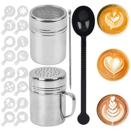2 Sizes Coffee Sprinkles Powder with 16 Coffee Stencils, Stainless Steel Mesh Icing Sugar Shaker for DIY Cappuccino Coffee, Lcing Sugar Cocoa Flour, Latte Coffee