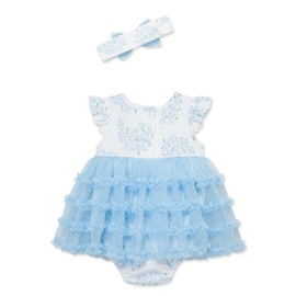 Little Me Clothes for Baby Girls' Hydrangea Popover with Headband, Ice Water/Bright White, 9 Months