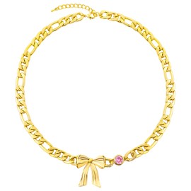 Gold Bow Chunky Choker Necklace for Women 14K Gold Plated Bow Knot Pendant Necklace with Round Pink Cubic Zirconia Ribbon Bowknot Charm Necklace Adjustable Trendy Birthday Party Jewelry Gift for Women