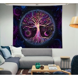 Tree of Life Tapestry Colorful Sun and Moon Wall Hanging Tapestry Spiritual Galaxy Stars Aesthetic Wall Tapestries for Bedroom Dorm Living Room Decor (H53 x W60 inches, Multicolor)