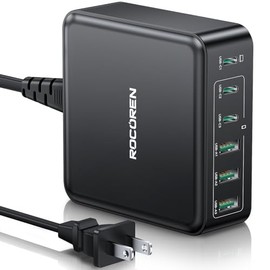 Rocoren Cargador USB C GAN 160W - 6 Puertos USB (3 USB-C + 3 USB-A), Puerto C1 65W para Laptop, Carga Rápida PD 3.0, Compacto y Portátil para MacBook,