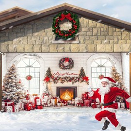 Christmas Fireplace Garage Door Decoration Background, Merry Christmas Tree Rustic White Brick Wall Window Backdrop Banner, Xmas Holiday Family Supplies Backdrops Party Decor Banner Cover, 16X7FT