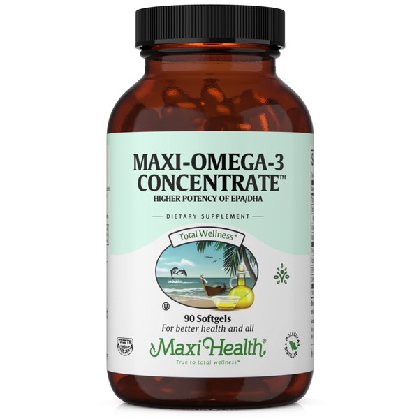 Maxi Health Omega 3 Supplement - Omega-3 Fish Oil Concentrate - Higher Potency Source of EPA/DHA Fatty Acids - Heart, Brain & Joint Health - Kosher Certified Wild Caught Marine Fish - 90 Vegetarian Softgels