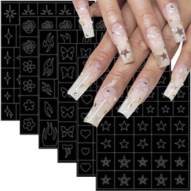 6 Sheets Airbrush Nail Stencils Stickers for Nails Art DYI French Tip Tool 3D Self-Adhesive Flame Heart Star Butterfly Flower Hollow Auxiliary Nails Guide Design for Women Nails Decorations Supplies