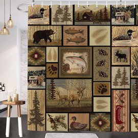Hajmsug - Cortina de ducha rústica de granja, diseño retro de oso alce Lodge, juego de cortinas de ducha estilo clásico, diseño de hojas de pato salvaje Mountain Hill con ganchos, 36 x 72 pulgadas