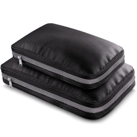 ICHIFUJI Travel Compression Bag, Travel Pouch, Compression Storage Pouch with Zipper, Convenient Travel Goods, Saves About 50% Clothing Space by Compression (Set) (M/L Set, Black & Gray)