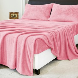 HCORA Faux Fur King Size Sheets Set, Luxury Soft Fleece Bed Sheets, Fluffy Plush Velvet Sheets Fuzzy Bedding Sheets for Fall and Winter, Cozy Warm, No Shedding, 4PC, Pink
