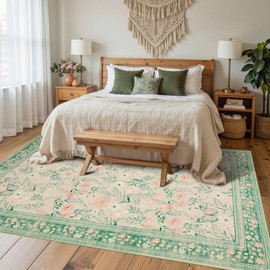 Rugxara Floral Rug for Living Room Bedroom, 4x6 Washable Rug, Green Vintage Boho Area Rug, Large Non Slip Low Pile Wool Carpet for Indoor Dining Room,Girls Kids Room and Nursery Room(Sage Green 4x6ft)