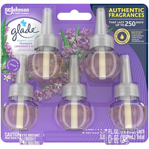 Glade PlugIns Refills Air Freshener, Scented and Essential Oils for Home and Bathroom, Tranquil Lavender & Aloe, 3.35 Fl Oz, 5 Count