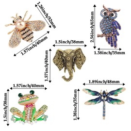5 PCS Women's Brooch Set, Owl Elephant Bee Frog Dragonfly Animal Shape Crystal Enamel Pins for Suit Dress And Other Clothing Collocation