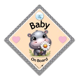 Baby Hippo On Board Sign, Cute Hippo Baby On Board Car Sign, Hippopotamus Baby On Board Sign, Grandchild On Board Sign, Designed to Let Other Road Users a Child is in The Car, 14 cm x 14cm