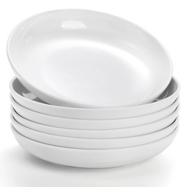 Fasmov Melamine Pasta Bowls, 6 Pack 8 inches 20 Oz Large Salad Serving Bowls, Shallow Salad Bowls, Plastic Dinner Deep Plates, Dishwasher Safe, White