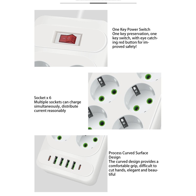 Power Strip 6 Outlets 4 USB 2 Type C Ports