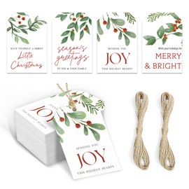 Catephe Christmas Paper Gift Tags, 100pcs Watercolor Xmas Tree Pinecone Tags, Gift Wrapping Name Tags with Hemp Rope, Christmas Tree Tags for Xmas Decor 4 Design