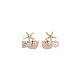MALOYANVE Starfish Pearl Stud Earrings Cute Boho Asymmetric Small Ocean Shell with Glitter Cubic Zirconia Lightweight Statement Earrings Summer Beach Theme Vacation Jewelry Gifts for Women (Pink)
