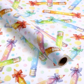 Fabllewavi 1 Roll Rainbow Pencil Bow Wrapping Paper Mini Roll - 17in x 32.8Ft Watercolor Pencil Bow Pattern Gift Wrap Paper for Back to School Birthday Baby Shower Party Wrapping Supplies