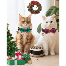 HSIGIO Christmas Cat Collar with Bells, 2 Pack Breakaway Cat Bowtie Collars, Red Green Plaid Safety Christmas Kitten Collars for Girl Female Boy Male Cats