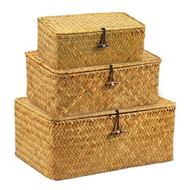 3 Pcs Hay Storage Basket - Handmade Woven Box With Lid, Sturdy Enduring Multifunctional Stackable Easy to Clean Basket for Toys Cosmetics Bathroom