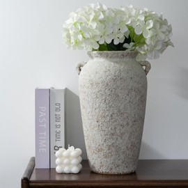 Ceramic Rustic Farmhouse Vase with 2 Handles, 12.2'' Tall Large Vintage Stoneware Clay Decorative Handmade Terracotta Pottery Flower Vase for Home Living Room Decor Table Entryway Grey White