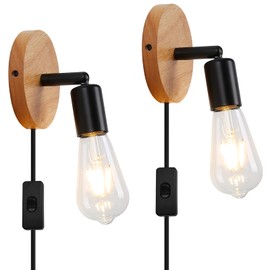 LUSTORM 1 Black Plug In Wall Lights Set of 2 Modern Wooden Wall Lights Adjustable Angle with Plug Cord for Bedroom Industrial Vintage Lighting Wall Lights for