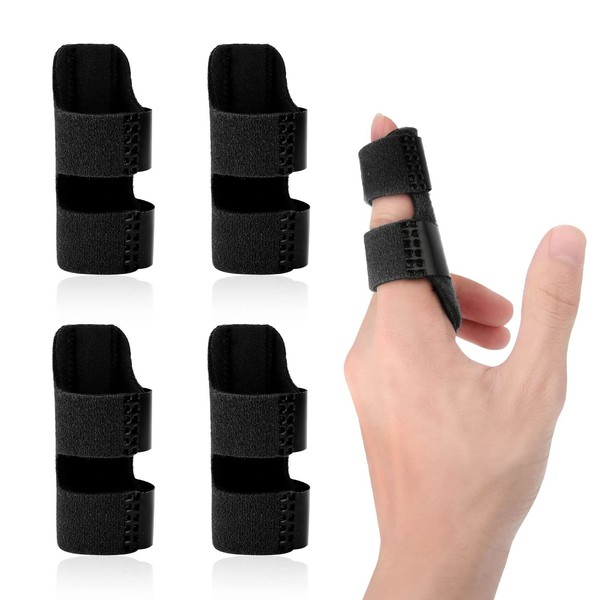 TSHAOUN 4 Piece Finger Support Splint, Finger Correction Sleeve for Finger Fractures and Tendon Arthritis, Joint Pain Relief with Adjustable Attachment Strap Protector(Black)