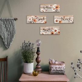 ZINYAZHE 4 Pcs Farmhouse Orange Bathroom Wall Decor Orange Daisy Floral Flowers and Butterfly Wall Art Relax Soak Unwind Breathe Rustic Wood Plaque for Kitchen Home Bedroom(10 x 4 Inch)