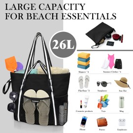 PASMAN Beach Bag with Zipper - 8 Pockets Sandproof Beach Tote Bag for Women,Foldable Lightweight Family Swim Bag Vacation (Black)