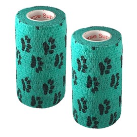 Vet Wrap Wrap Tape (Teal with Paw Prints) (2 Pack) (2 Inch x 15 feet) Self Adhesive Adherent Adhering Cohesive Flex Self Stick Bandage Grip Roll Dog Cat Pet Horse