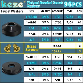 KEZE 96 PCS 10 Size Faucet Washers Assorted Kit with Brass Bibb Screws Assortment Flat and Beveled Rubber Washer for DIY Outdoor Faucets Stem Leak Worn Out Seal Repair
