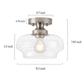 landskylite Brushed Nickel Semi-Flush Mount Ceiling Light, 9.5" 1-Light | Clear Glass Shade - Modern Lighting Fixture for Hallway, Bedroom, Kitchen