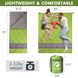 VILLEY Camping Sleeping Bag, Lightweight Backpacking Sleeping Bag with Compression Sack for Adults & Kids, Outdoor Camping Hiking Equipment for 3 Season Warm & Cool Weather - Summer, Spring, Fall