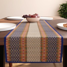 Encasa XO Madurkathi - Camino de mesa de zacate de 13 x 59 pulgadas, camino de mesa de granja tela a mano azul para cenar, verano y decoración al aire última intervensión, camino rústico natural