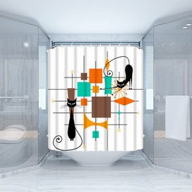 JIRGIXA Mid Century Atomic Cat Shower Curtain Modern Geometric Retro Atomic Starbursts Black Cat Abstract Minimalist Funny 1950s 60s Fabric Bathroom Decor Curtain with Hooks,White Teal Orange