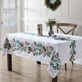 Elrene Home Fashions Holly Berry Flourish Holiday/Christmas Wrinkle Resistant Fabric Rectangle Dining Tablecloth, 60"x84"