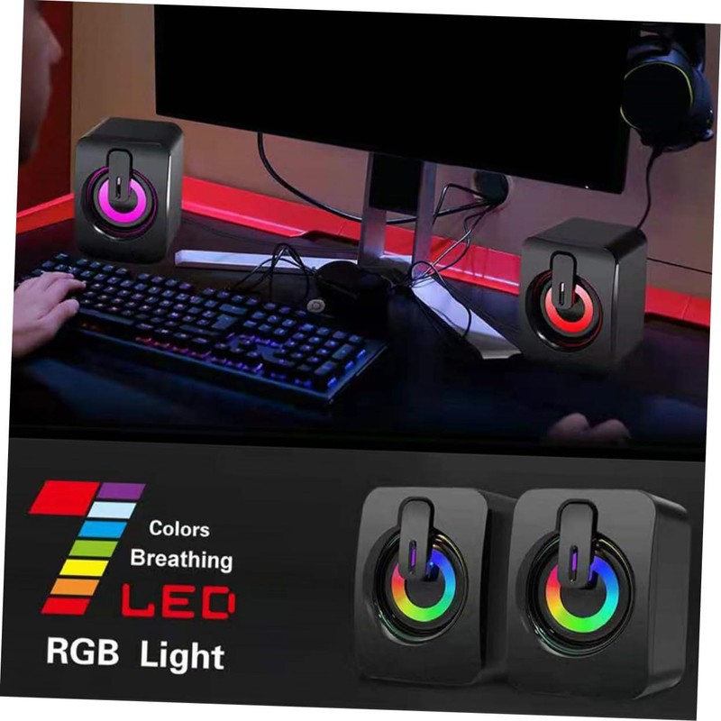 KOMBIUDA 1pair USB-Powered Computer Speakers RGB Lighting Omnidirectional Sound Portable
