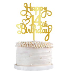 Qertesl - Decoración acrílica para tartas de cumpleaños número 14, decoración dorada de doble cara, para decoraciones de pasteles de cumpleaños 14, alegría a 14 fabulosas decoraciones de tartas/fiesta de aniversario 14