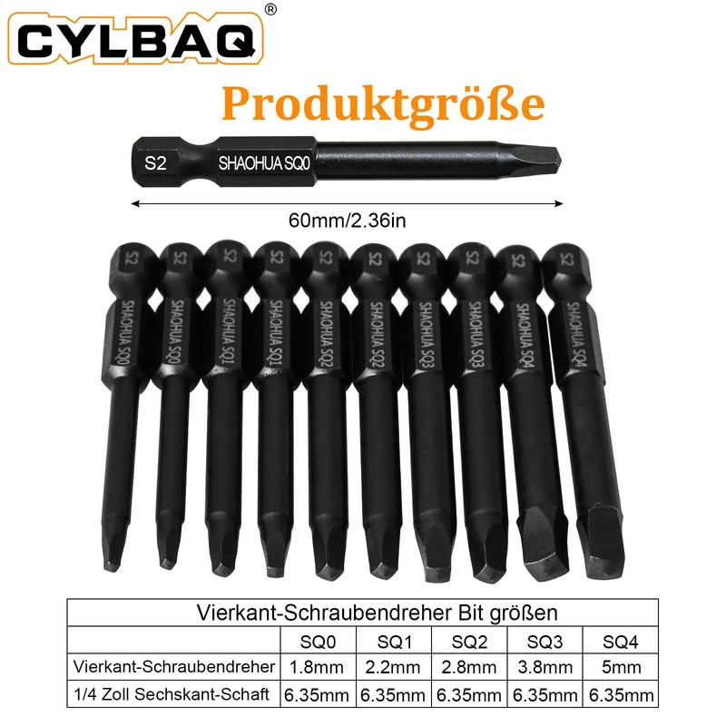10 Stück Vierkant Schraubendreher Bits 60mm, CYLBAQ Hex Schaft Vierkant