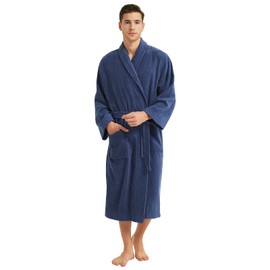 JIHAZ Pure Cotton Terrycloth Robe for Men,100% Cotton Bathrobe Towel with Cozy Soft Plush Shawl Collar,One Size (Dark Blue)