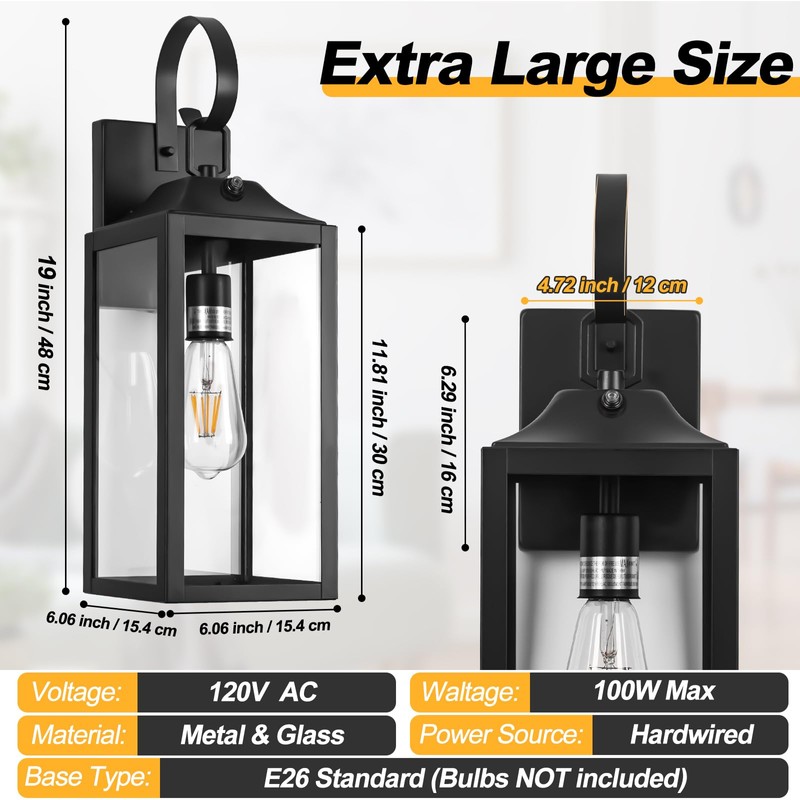 Yolsunes Black Dusk to Dawn Outdoor Wall Lantern, 19" Large