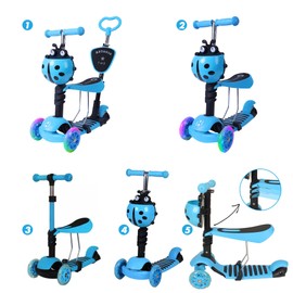 Habib Gruppe 5-in-1 Children's Scooter with Backrest for Boys and Girls - Removable Seat, LED Wheels, Height Adjustable Handlebars, Scooter - Children's Scooter Outdoor Game, for 2-8 Years Children -