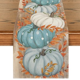 Artoid Mode Bule Polka Dot Pumpkins Eucalyptus Wood Fall Table Runner, Seasonal Autumn Kitchen Dining Table Decoration for Home Party Decor 13x60 Inch