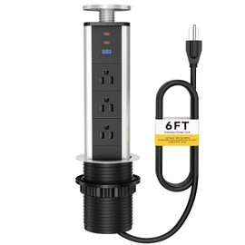Pop Up Outlet for Countertop, Pop Up Socket with 3 AC Outlets and 2 PD 20W USB-C & 1 USB-A Ports, Pull Pop Up Power Outlet for Kitchen Conference Office, 3-3/8 Inch(85MM) Hole Grommet Power Strip