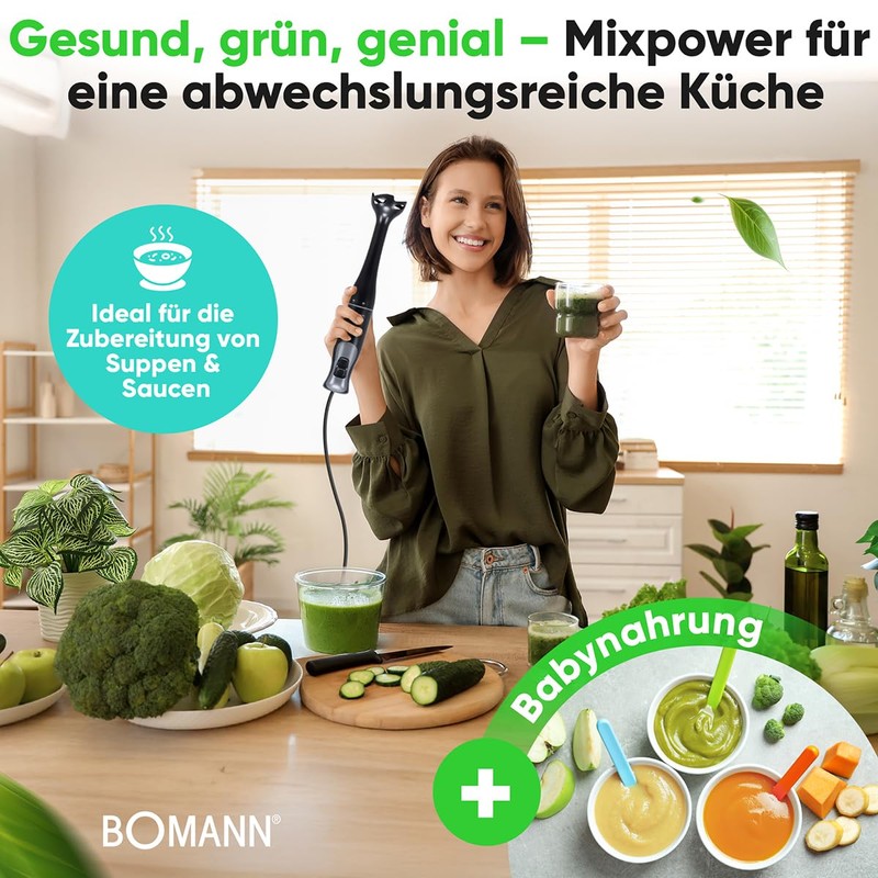 Bomann® Stabmixer für Smoothies Shakes Suppen | Turbo-Funktion | 350W