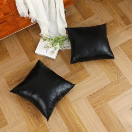 LiiZee Set of 2 Black Throw Pillow Covers Decorative Modern Metallic Shiny Cushion Cover, Faux Leather Soft Square Pillowcase for Sofa/Bed/Party, 20 x 20 Inch