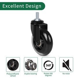 8T8 Office Chair Caster Wheels with 5/16''-18x1 Threaded Stem Caster, Heavy Duty 3" Replacement Rubber Office Chair Wheels for Smart Home Offices, Safe for Hardwood Tile Floors