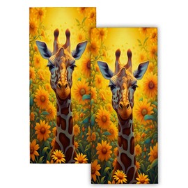 VODRM Charming Giraffe 2PCS Hand Towels,Sunflower Yellow Floral Decor Kitchen Towel Set,Polyester Dish Handtowel,14.5" X 28",Soft Absorbent,for Bathroom Bath Spa Decoration,Housewarming Gifts