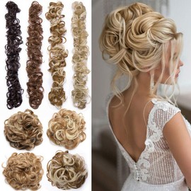 Scrunchy Hair Extension Updo Clip in Bun Donut Hairpiece Drawstring Wrap Around Hair Extension Messy Wavy Curly Chignons Wig Light Blonde mix Ash Blonde